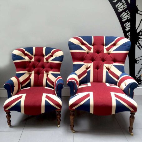 Winston Union Jack chair, handcrafted with quality drill cotton, bespoke orders, available various sizes, from napoleonrockefeller.com in Wimbledon London