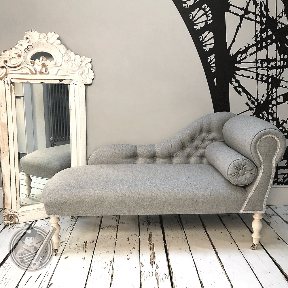 Bronte Grey Wool Chaise Longue Napoleonrockefeller Vintage And Retro Furniture Bespoke Hand Crafted Chairs Seating