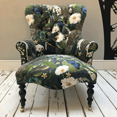 Handcrafted seating | Peacock |chintz | peacock fabric | chair for sale| armchairs for sale| chaise longue | bespoke chaise|bespoke seating|bespoke chairs|upholstered |Victorian style | home decor London| Interiors London | bespoke furniture | handcrafted sofa | Wimbledon decor | Wimbledon interiors | Napoleonrockefeller.com